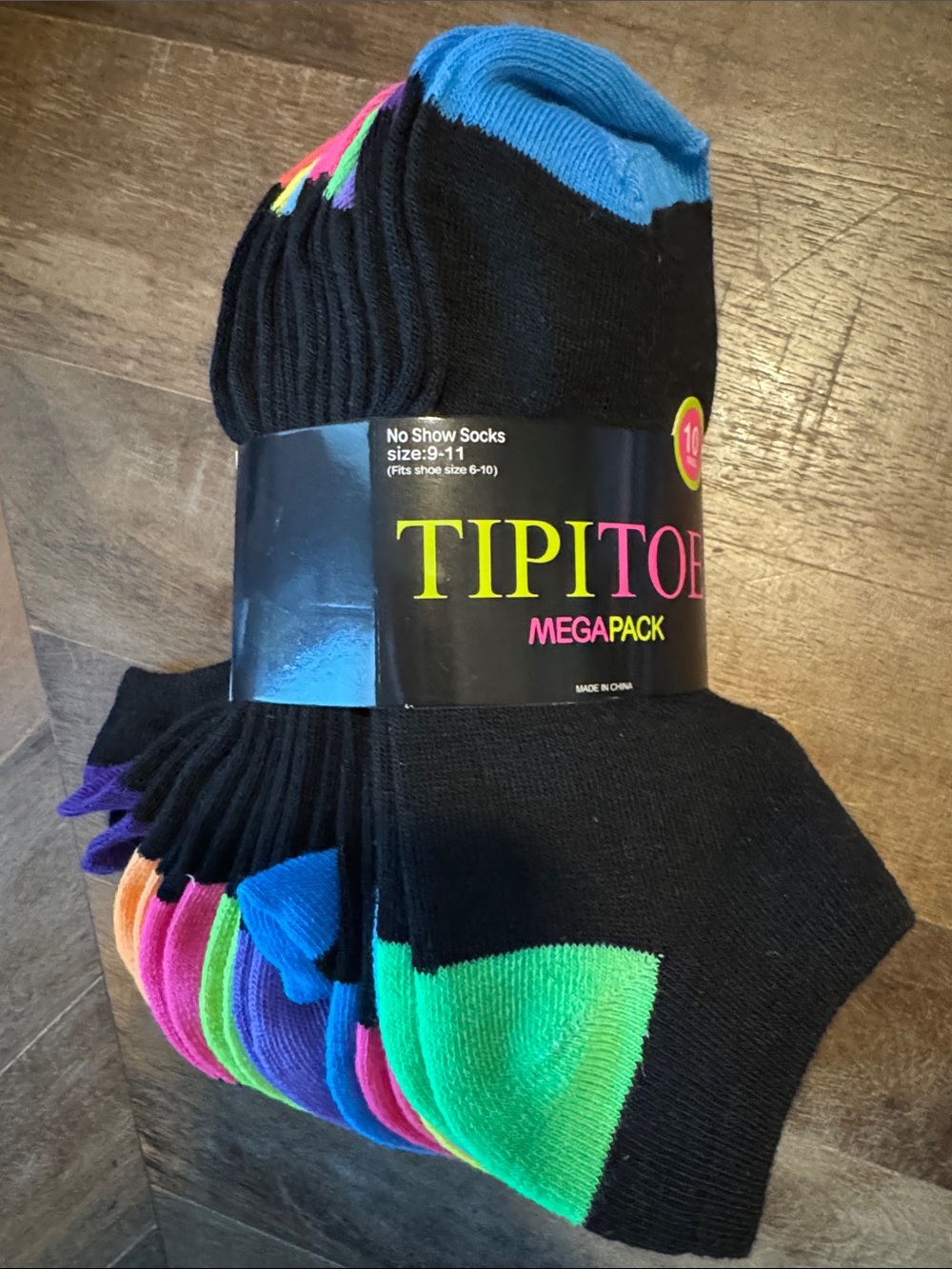 Unisex TipiToe No-Show Socks - Black with Neon Accents (10-Pack) NEW